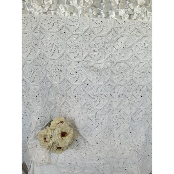 Handmade Knit Cream 100% COTTON blanket Coastal Textured Boho Pinwheel - Picture 2 of 7